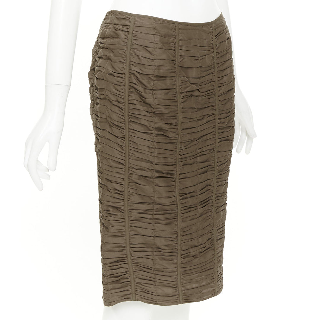 GUCCI 2001 Runway Tom Ford brown 100% silk ruched silk panel pencil skirt IT40 S