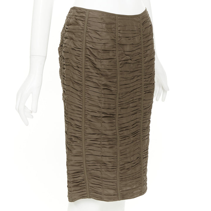 GUCCI 2001 Runway Tom Ford brown 100% silk ruched silk panel pencil skirt IT40 S