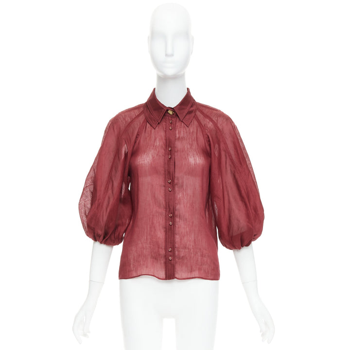 AJE Palms burgundy silk linen puff sleeve raglan multi buttons shirt UK6 XS