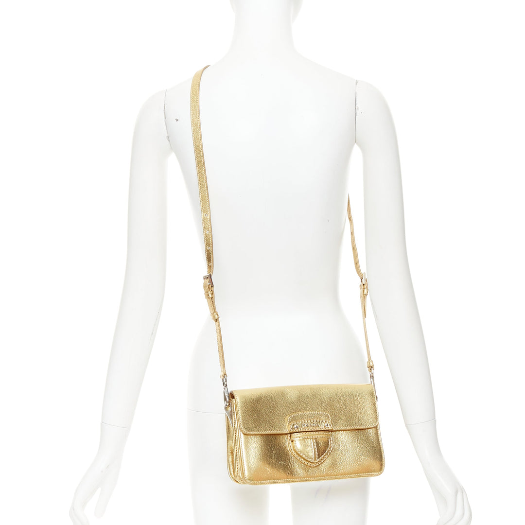 PRADA Vintage gold metallic leather silver logo flap crossbody bag