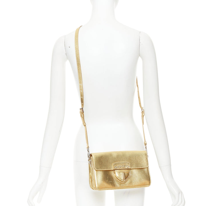 PRADA Vintage gold metallic leather silver logo flap crossbody bag