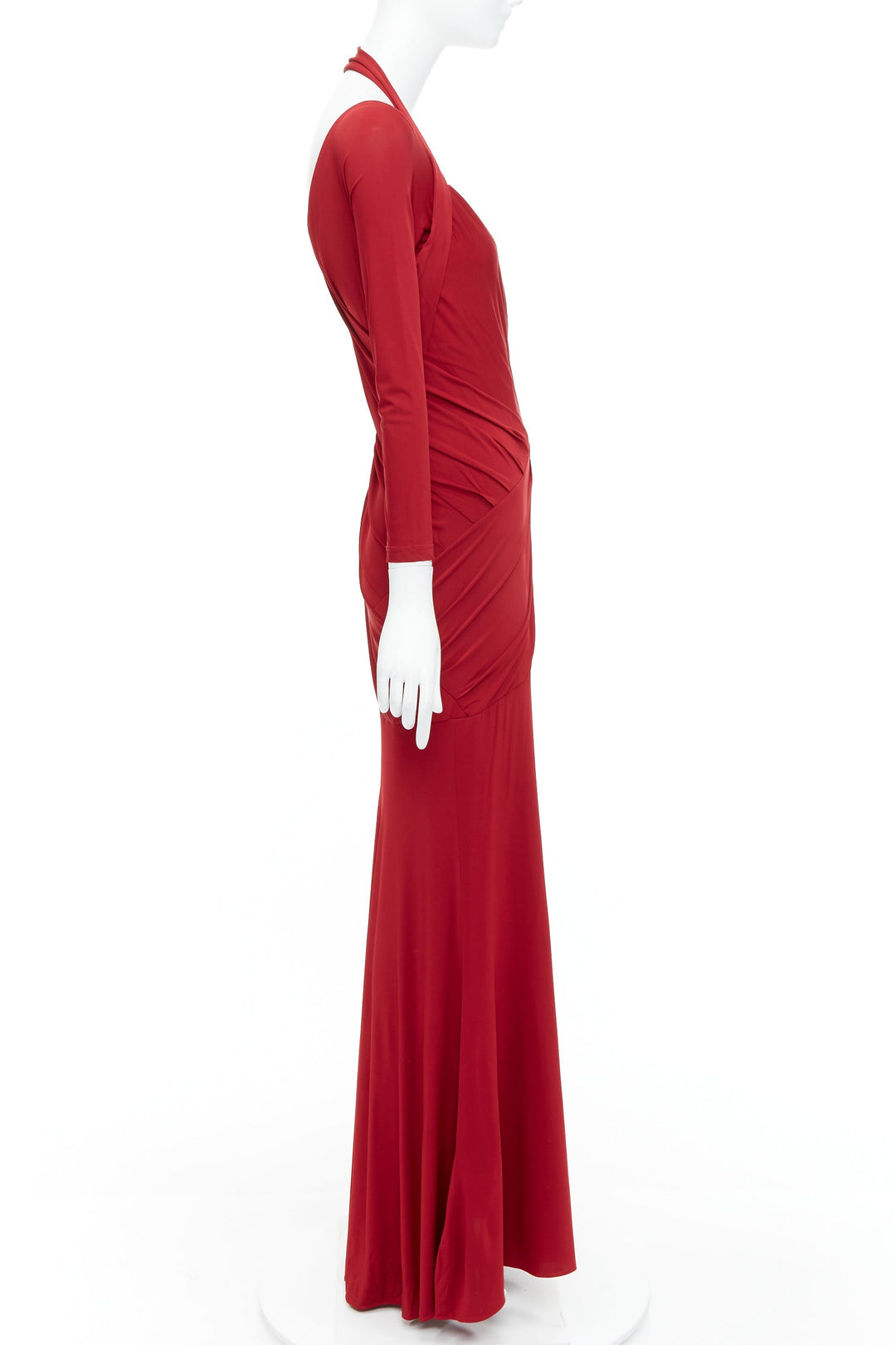 DONNA KARAN red halter plunge tucked draped evening gown dress L