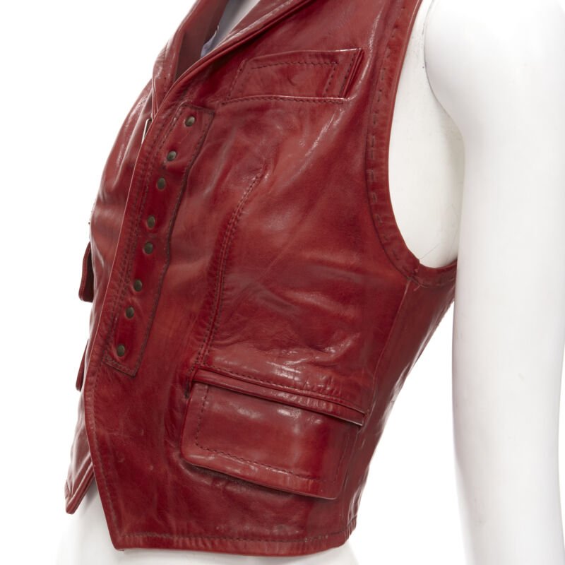 DSQUARED2 Y2K distressed red leather hook bar cropped vest S