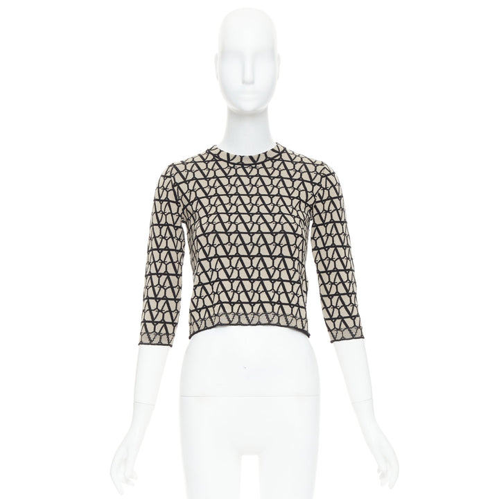 VALENTINO 2023 Toile Iconographe beige black 100% wool crop sweater top S