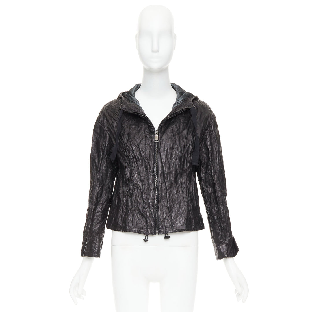 PRADA 2011 Vintage black 100% lambskin crinkled hooded jacket IT36 XXS