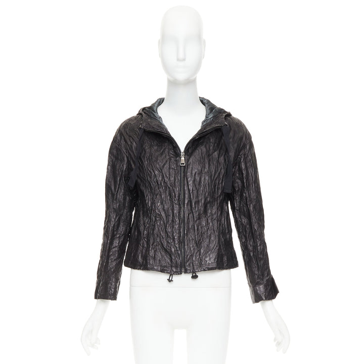 PRADA 2011 Vintage black 100% lambskin crinkled hooded jacket IT36 XXS