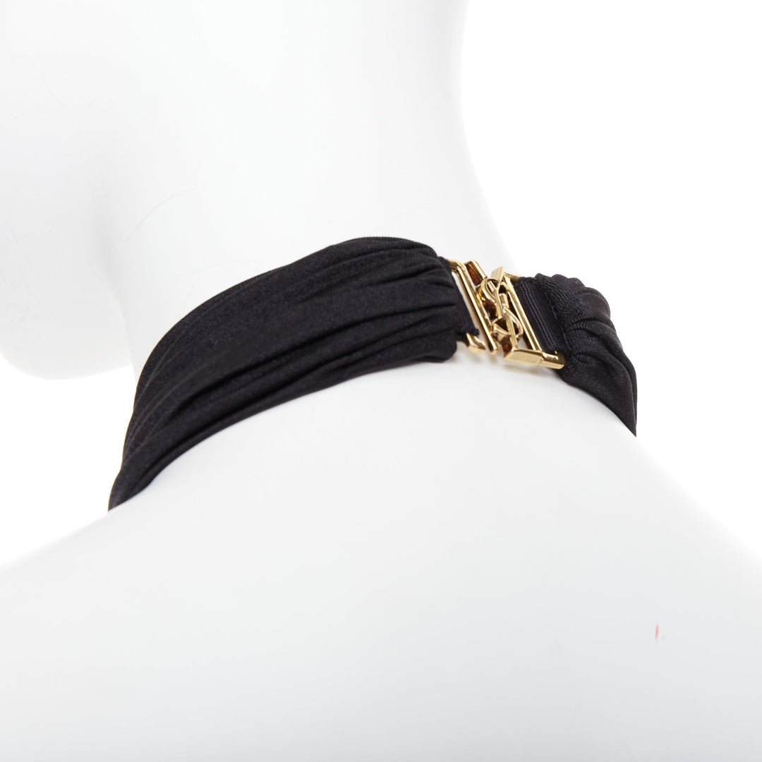 SAINT LAURENT 2022 Runway black gold metal brooch halter cutout jumpsuit Sz.1 XS