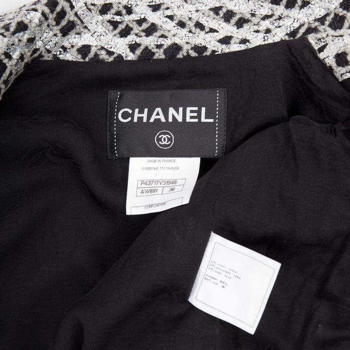 CHANEL 2012 Runway Silver Metallic Graffiti black check tweed jacket FR36 XS