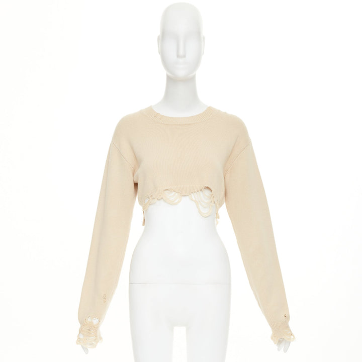 R13  2023 Destroyed Cropped Pullover khaki cotton distressed sweater S