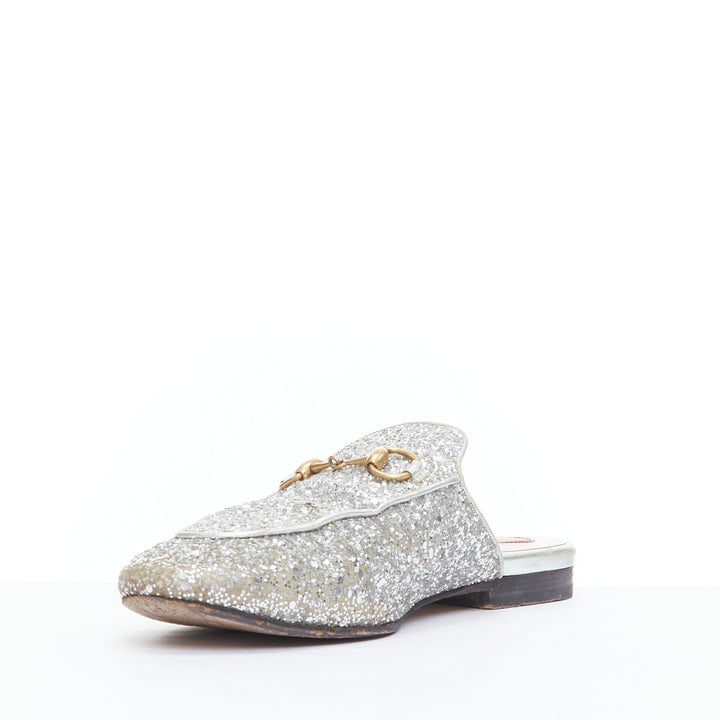 GUCCI Princetown silver glitter gold horsebit slip on loafer mules EU36.5