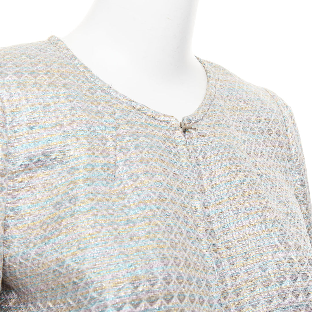 DRIES VAN NOTEN 2017 silver multicolor geometric jacquard crop jacket FR40 L
