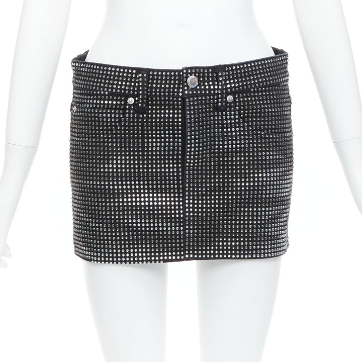 ALEXANDER WANG Hotfix black cotton allover crystal encrusted mini skirt 24"