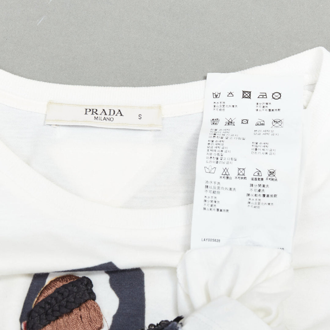 PRADA 2010 blue black runway model applique cream cotton tshirt S