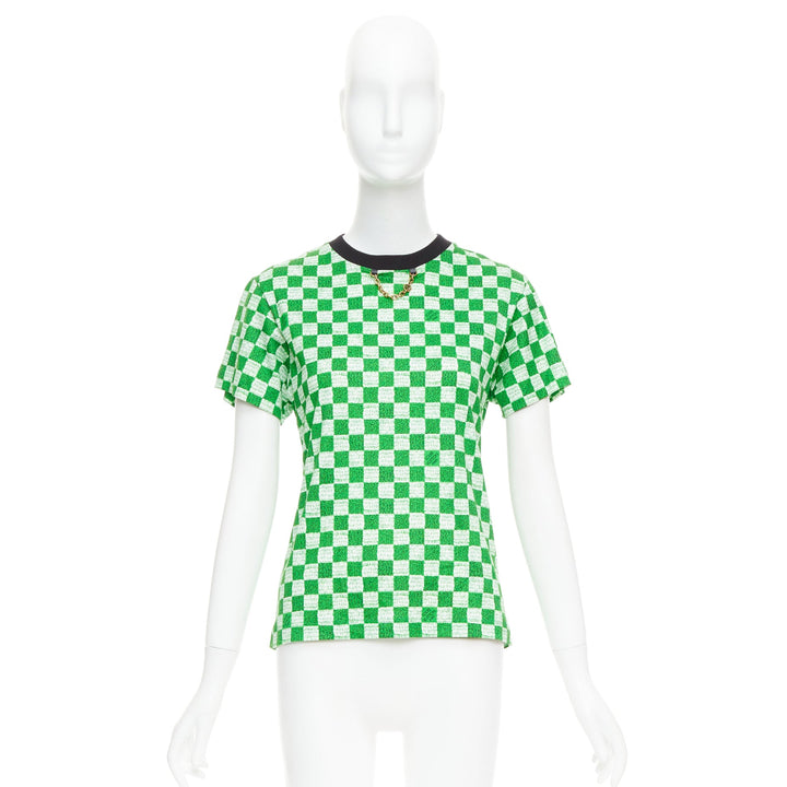 LOUIS VUITTON Damier green white cotton LV print chain detail tshirt XS