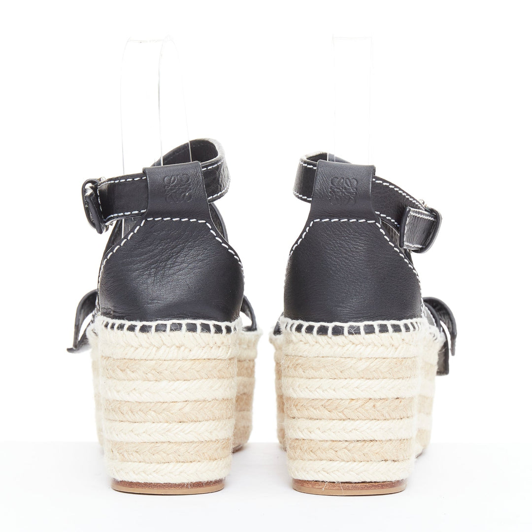 LOEWE Gate black overstitch striped espadrille platform wedge sandal EU40