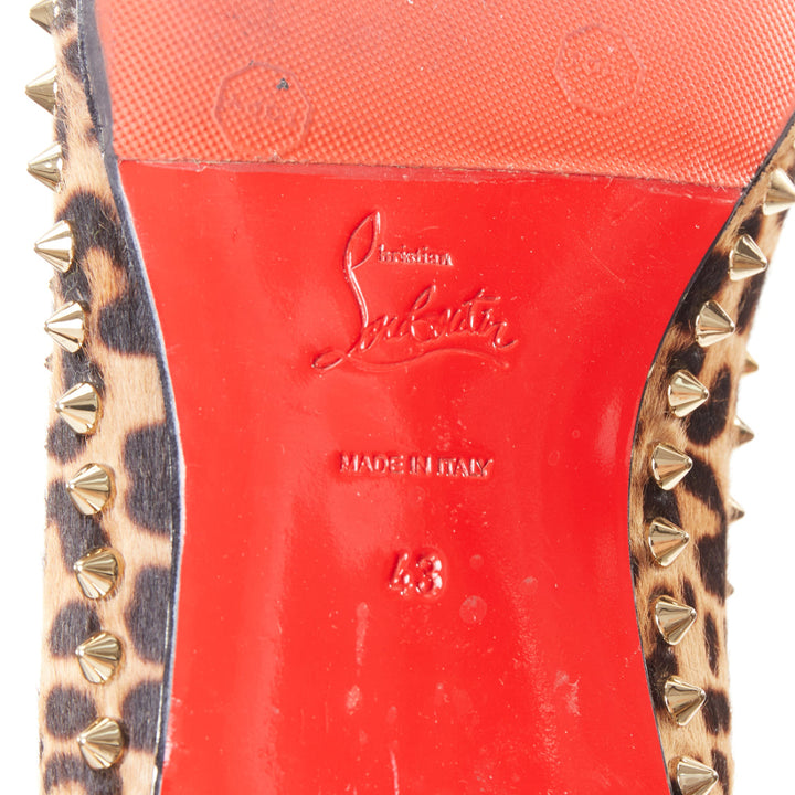 CHRISTIAN LOUBOUTIN brown leopard print ponyhair gold spike stud loafers EU43