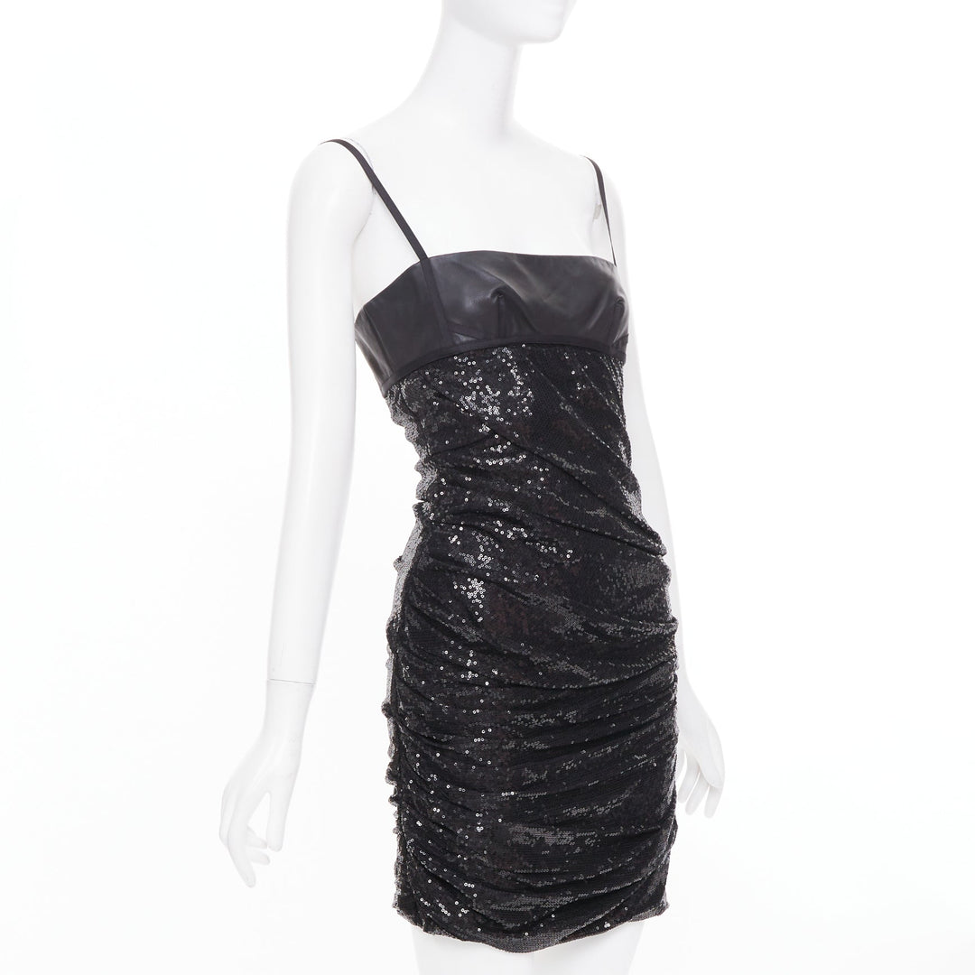 ALEXANDER WANG black lambskin leather Sequin Goddess ruched dress US4 S
