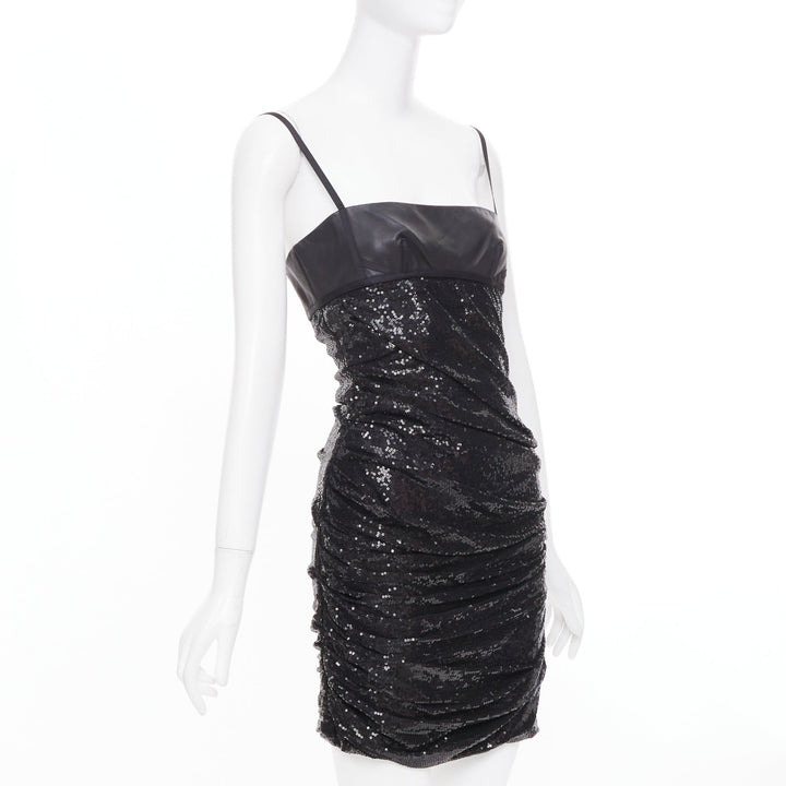 ALEXANDER WANG black lambskin leather Sequin Goddess ruched dress US4 S