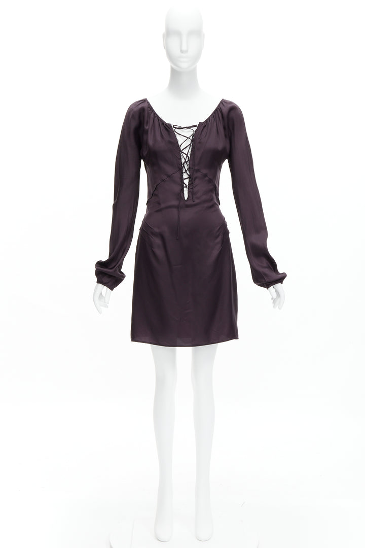 GUCCI Tom Ford 2002 Vintage dark purple satin laced neckline mini dress IT38 XS