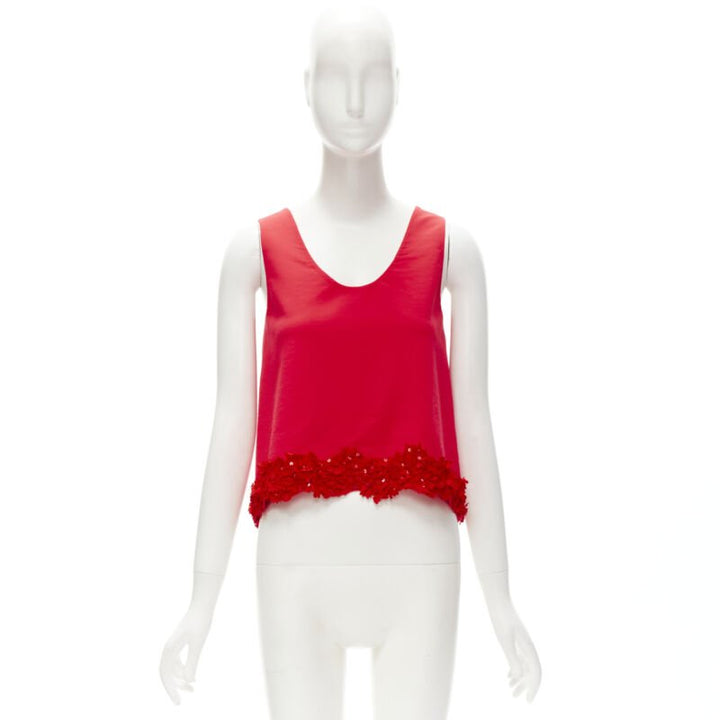 CAROLINA HERRERA 2021 red wool crepe floral petal sequins scalloped tank US0 XS