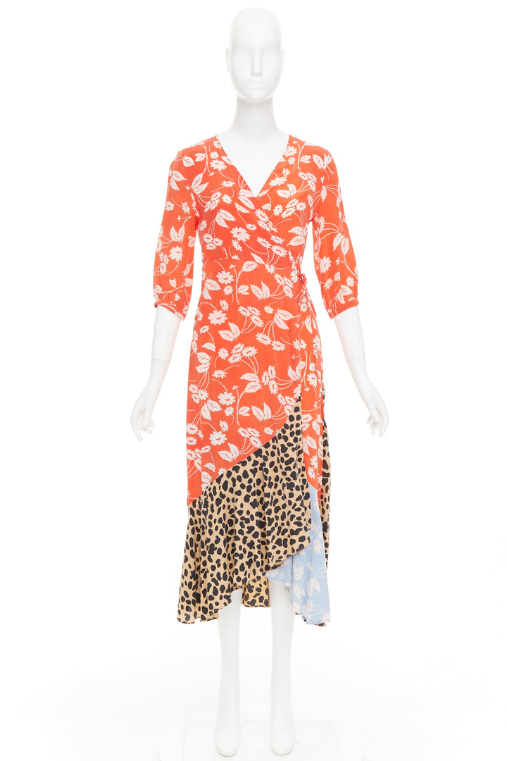 RIXO Noleen 100% silk coral red leopard floral print patchwork wrap dress S