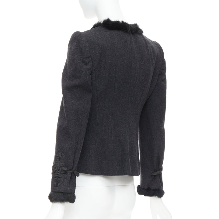EMPORIO ARMANI grey virgin wool fur trim totem applique crop blazer IT42 M