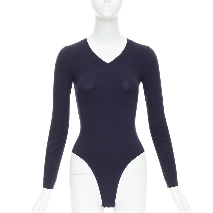 ALAIA navy virgin wool blend v-neck bodysuit sweater leotard top FR36 S