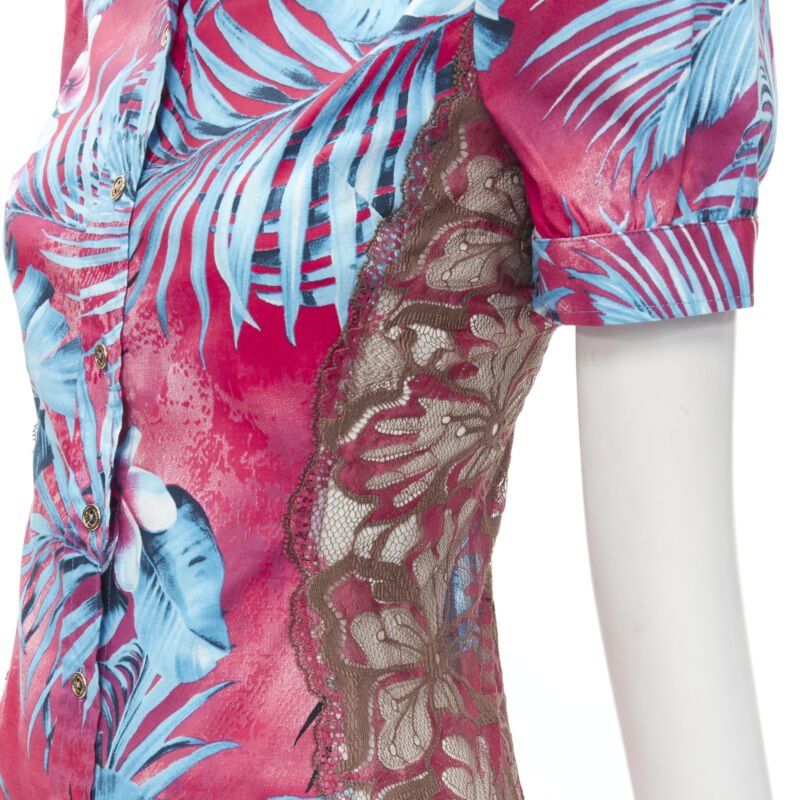 rare D&G DOLCE GABBANA Vintage blue pink sheer lace panel side Hawaiian shirt XS