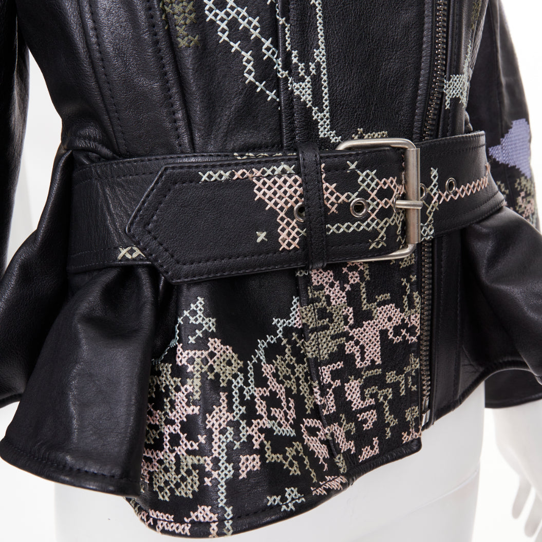ALEXANDER MCQUEEN Cross Stitch Leather Moto floral peplum jacket IT40 S