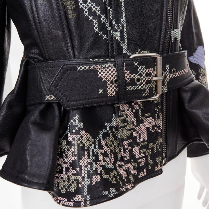ALEXANDER MCQUEEN Cross Stitch Leather Moto floral peplum jacket IT40 S