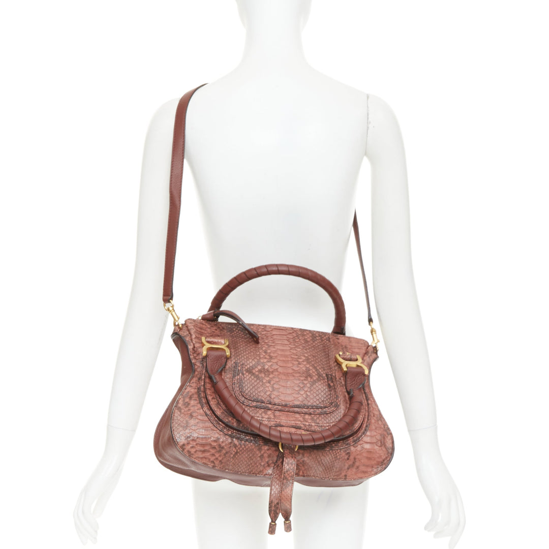 CHLOE Marcie Medium reddish brown snakeskin gold hardware satchel handbag