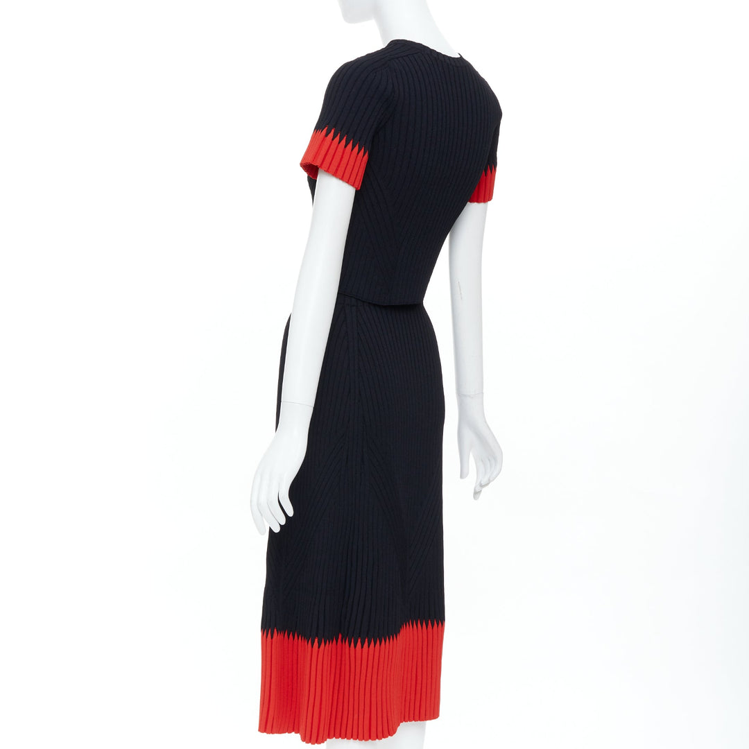 ALEXANDER MCQUEEN 2018 black red chevron bicolor rib knit crop top skirt set XS