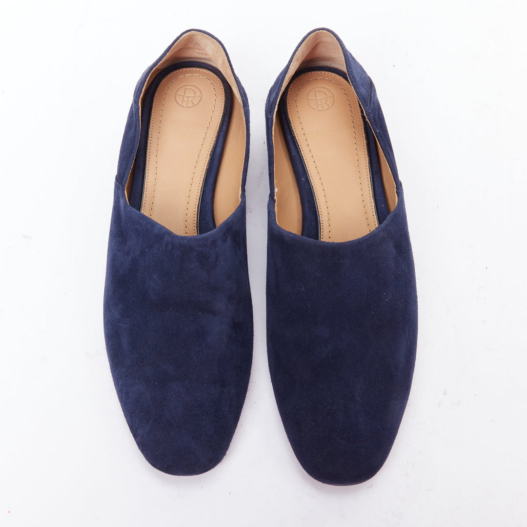 THE ROW Noelle navy suede collapsible heel block heel loafers EU38