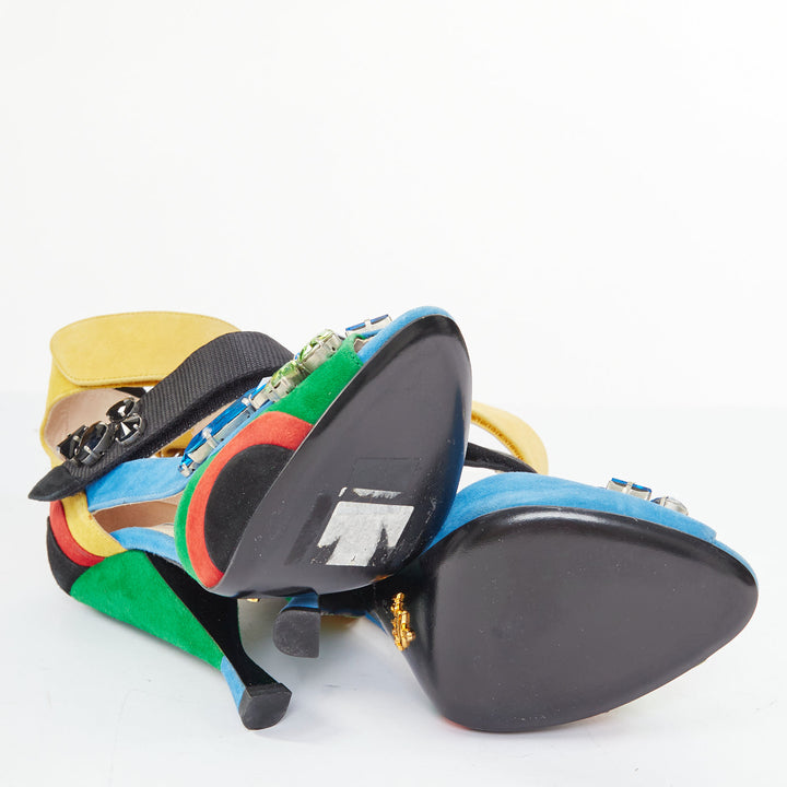 rare PRADA 2014 Runway asymmetric jewel colorblock suede heel sandals EU38 US8