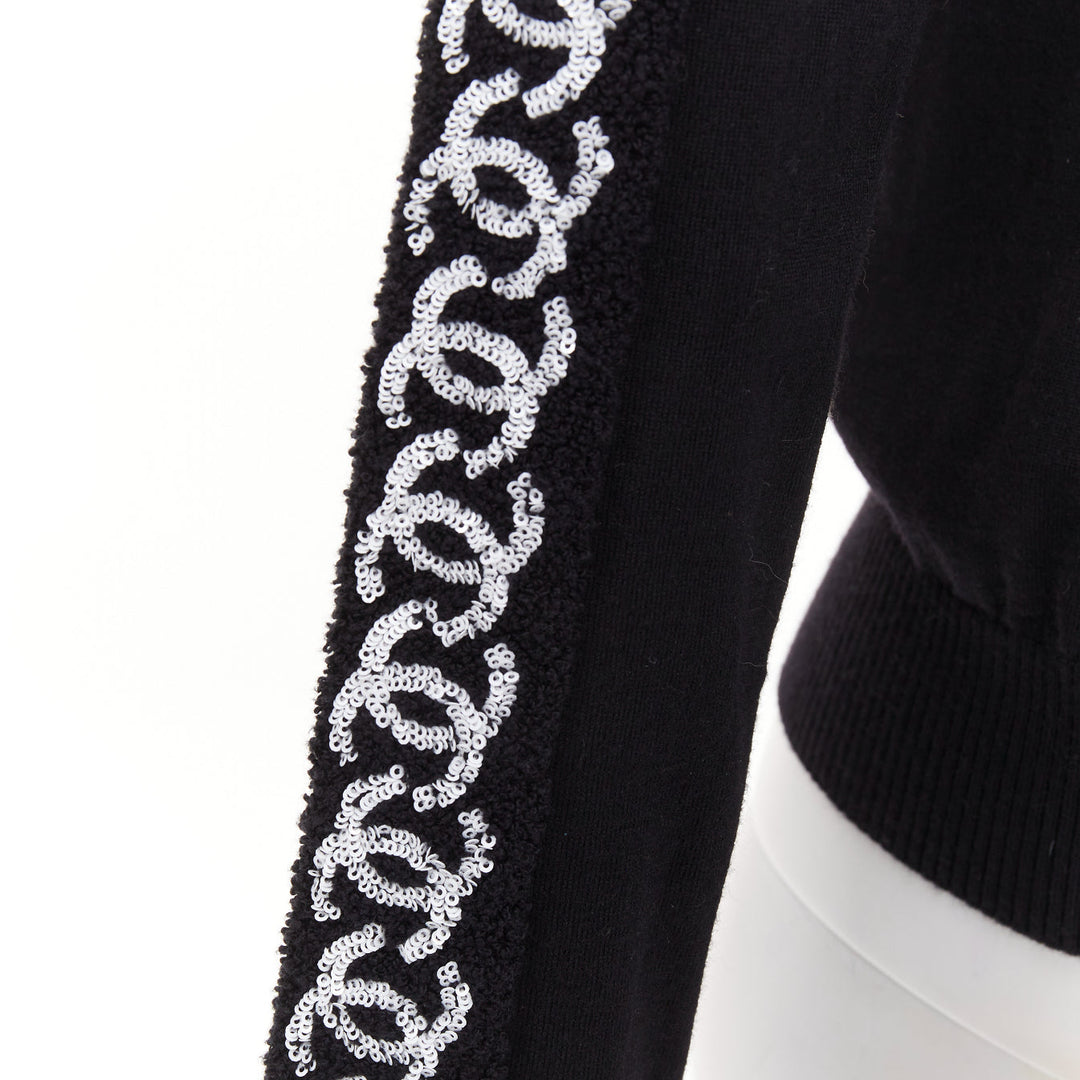 CHANEL 21A black wool sequin CC logo stripe sleeve crewneck pullover FR34 XS