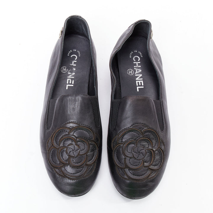 CHANEL black leather silver CC logo camellia flat loafer EU36.5
