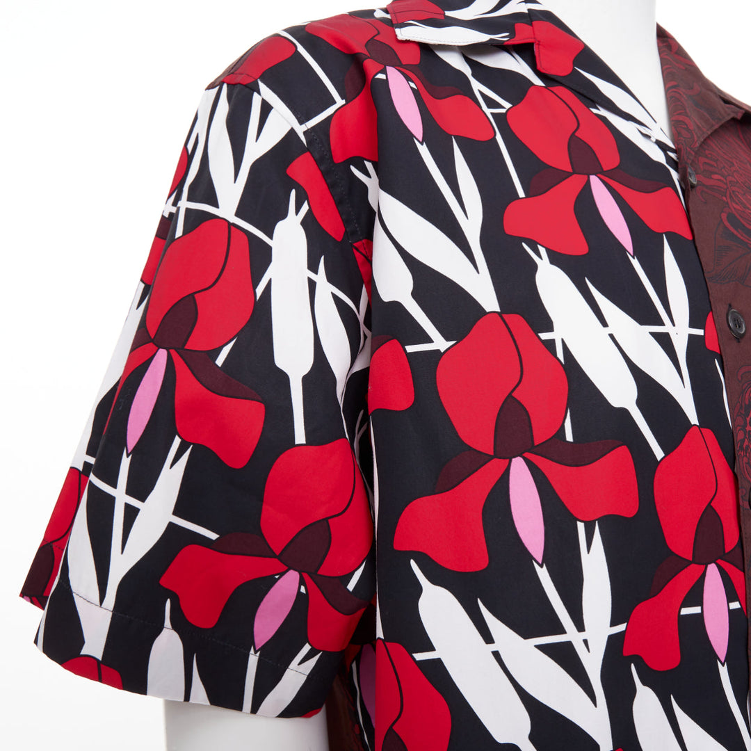 PRADA 2021 Runway Double Match red iris burgundy floral split bowling shirt L