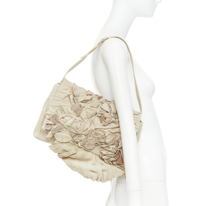 VALENTINO taupe leather crinkled petal rose applique flap crossbody bag