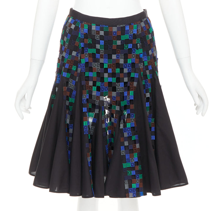 SACAI 2016 blue green square eyelet embroidery cotton blend flared skirt JP1 S