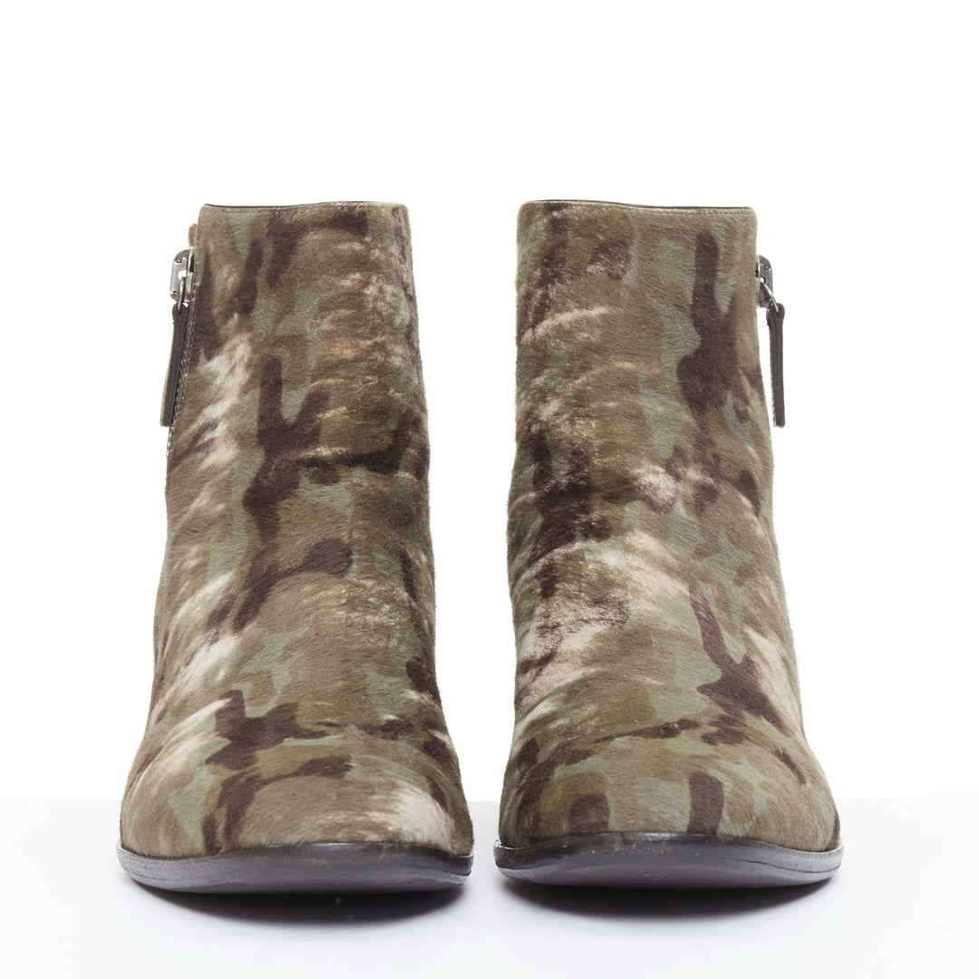 GIUSEPPE ZANOTTI navy green camouflage ponyhair metal tiered heel boots EU43