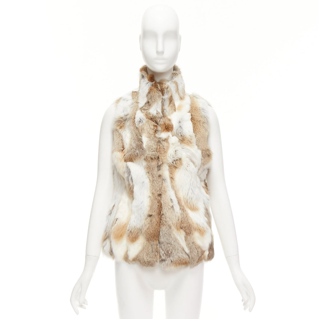 EAVES brown white rabbit fur patchwork hi neck sleeveless vest jacket S