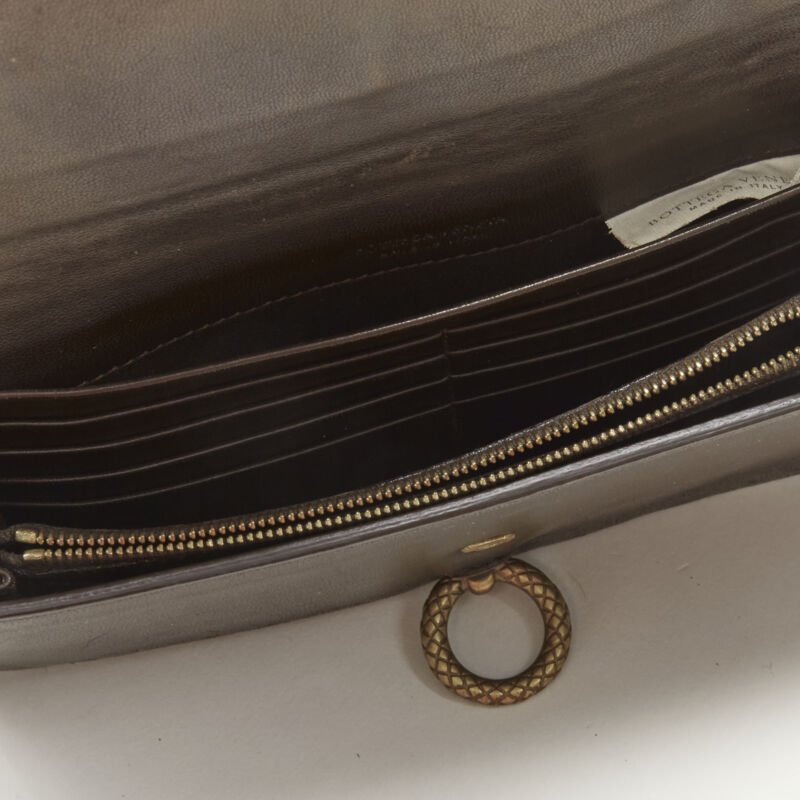 BOTTEGA VENETA dark brown Intrecciato weave gold ring long wallet