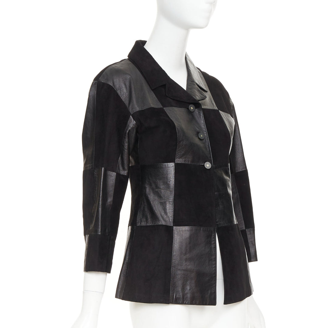 CHANEL Vintage black leather suede checkered patchwork CC blazer jacket