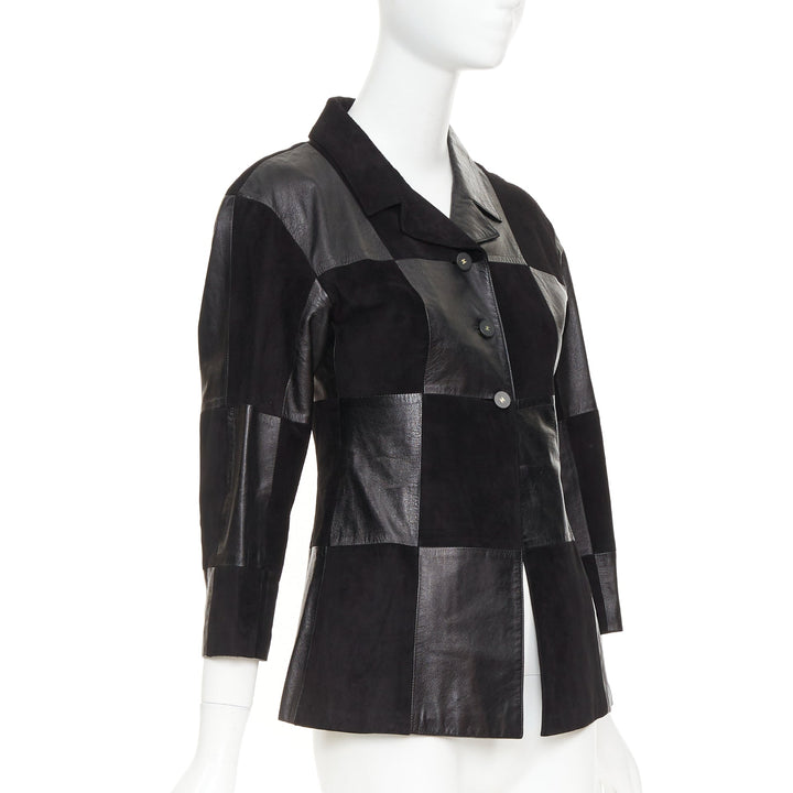 CHANEL Vintage black leather suede checkered patchwork CC blazer jacket