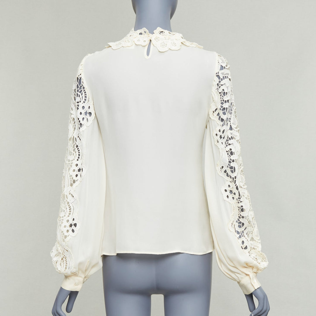 OSCAR DE LA RENTA cream 100% silk floral lace appliqu‚àö¬© peasant blouse US2 S