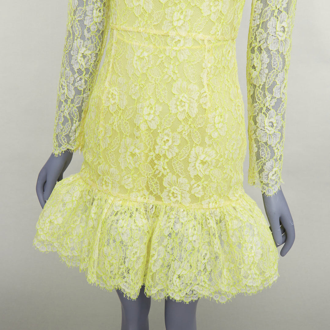 VALENTINO neon yellow cream lace silk lined tulle trim mini dress