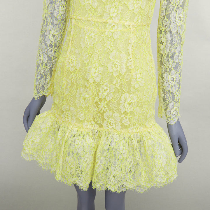 VALENTINO neon yellow cream lace silk lined tulle trim mini dress