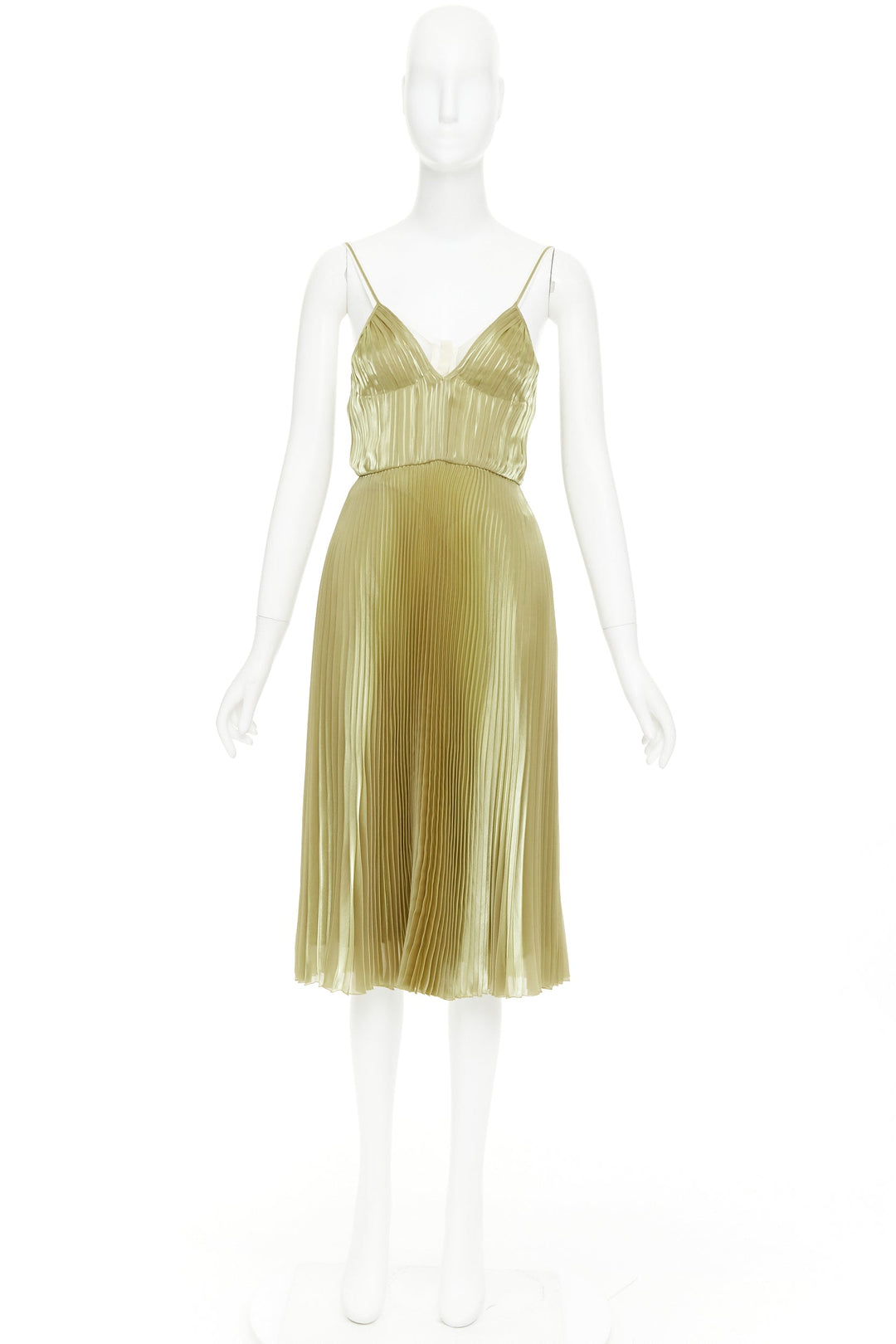 PRADA 2022 gold technical voile bra-detailed pleated silk midi dress IT38 XS