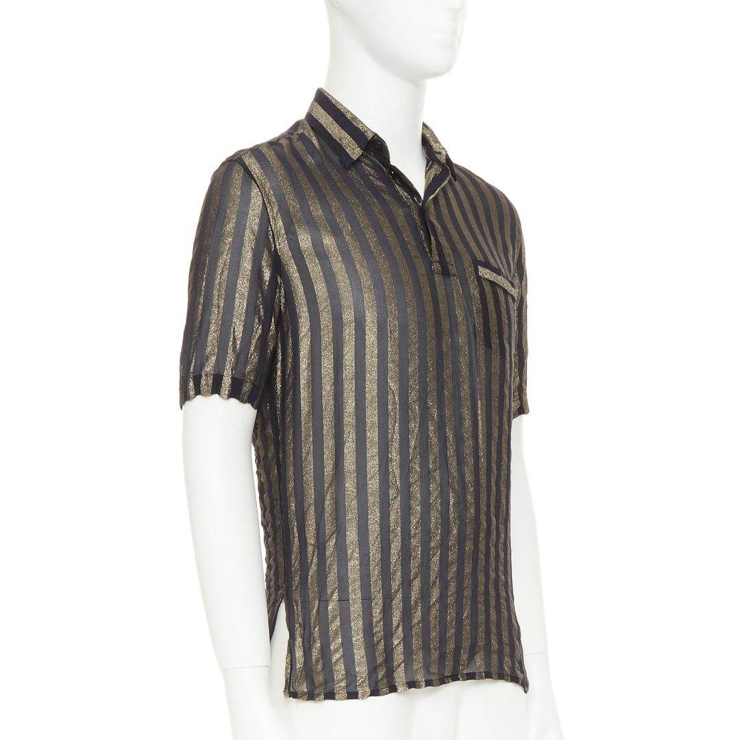 SAINT LAURENT 2019 Runway black gold metallic lurex striped sheer shirt EU38 S
