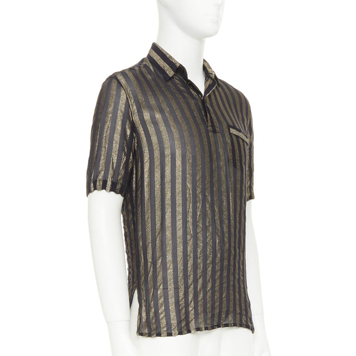 SAINT LAURENT 2019 Runway black gold metallic lurex striped sheer shirt EU38 S